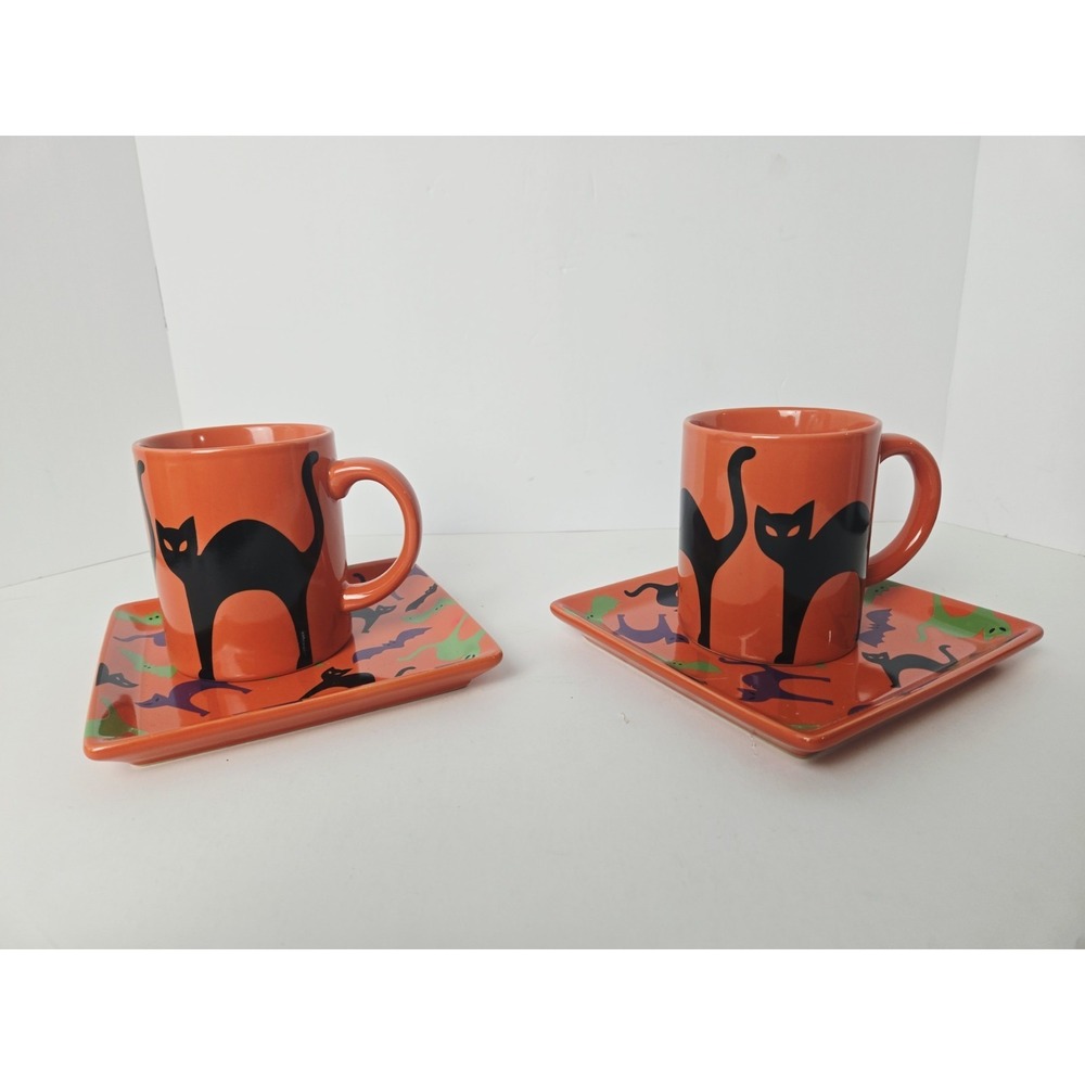 Crate & Barrel Halloween Black‎ Cat plates Appetizer square set of 2 + 2 mugs